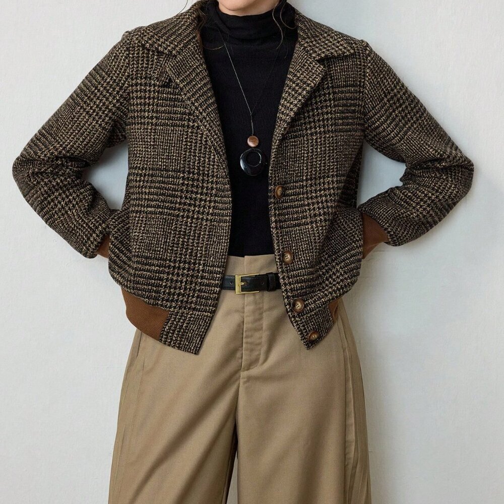 Brown Elegant Women's Plaid Woven Turndown Collar Sleeve Buttoned Jacket - Picture 5 of 8